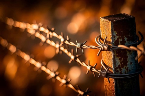 Close-up of rusty barbed wire fence with orange light. Generative Ai, AI generated