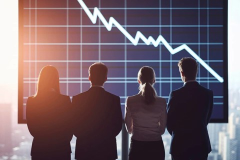 Four businesspeople looking at graph with stock market crash. Concept of financial loss, economic