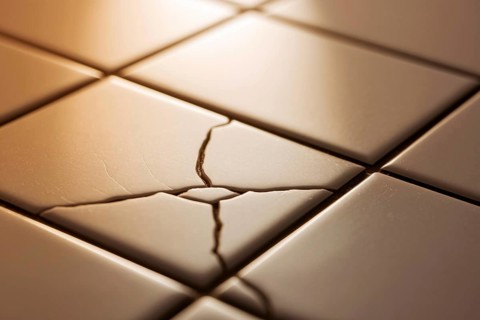 Cracked bathroom tile with water droplet in warm light. Concept of home repair, structural damage,