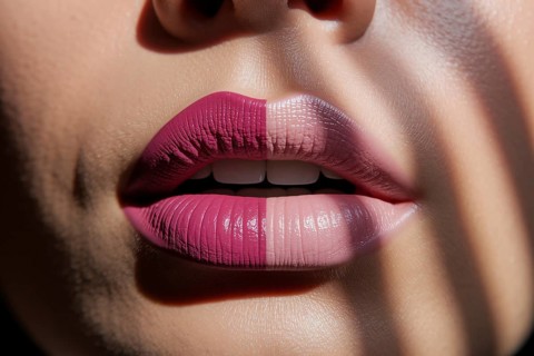 Close-up of lips with split lipstick colors. Concept of beauty contrast, cosmetic choice, and