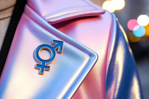 Genderfluid symbol pins on vibrant jacket in warm city light. Concept of identity, inclusivity, and