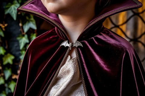 Close-up of bat clasp on velvet halloween costume vampire cloak on boy child. Generative ai, AI