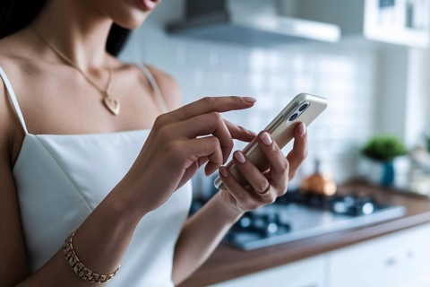 Close-up of manicured hands holding smartphone as glamorous housewife influencer films in luxury