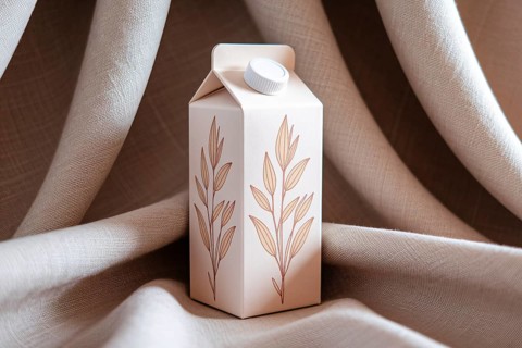 Minimalist oat milk carton with pastel oat illustrations on textured linen backdrop in warm natural
