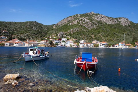 Boats in the harbour of Agia Kiriaki on the Aegean Sea, Pelion or Pelion Peninsula, Magnisia,