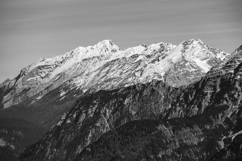 View of the summits of Hochkalter on the left and Hocheisspitze on the right in the Berchtesgaden