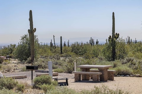 Picnic table at a desert campsite at the White Tank Mountain Regional Park campground in Phoenix,