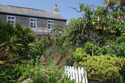 A stone house surrounded by a lush garden with tropical plants and colourful flowers under a blue
