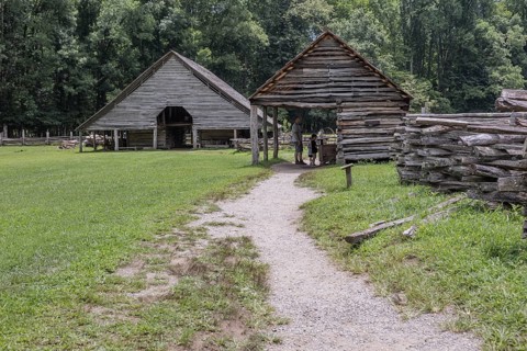 Historic log buildings at the Oconaluftee Visitor Center at Great Smoky Mountains National Park