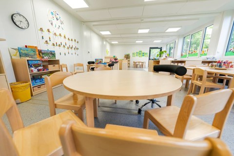 Kindergarten room with round table, wooden furniture and toys, bright atmosphere, transitional