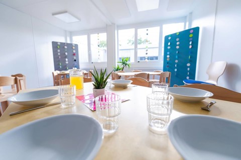 Light-flooded dining area with prepared plates and a juice jug on the table, transitional
