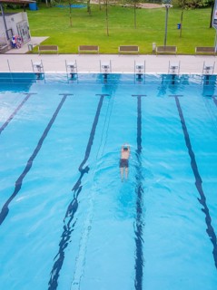 A swimmer swims in an empty, large swimming pool in sunny weather, Calw outdoor pool, Black Forest,