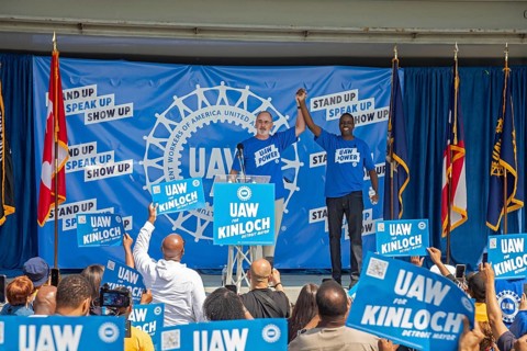 Detroit, Michigan USA - 7 June 2025 - United Auto Workers President Shawn Fain (left) joins Rev.