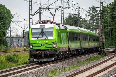 Flixtrain train on the route between Bochum and Dortmund, North Rhine-Westphalia, Germany