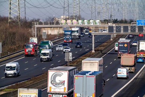 A57 motorway near Kaarst in the Rhein-Kreis Neuss, view towards Kaarst motorway junction, heavy
