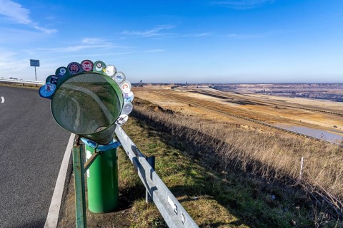 Garzweiler II coal mine, view from Jackerath viewpoint, waste bin with funnel, North