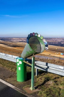 Garzweiler II coal mine, view from Jackerath viewpoint, waste bin with funnel, North