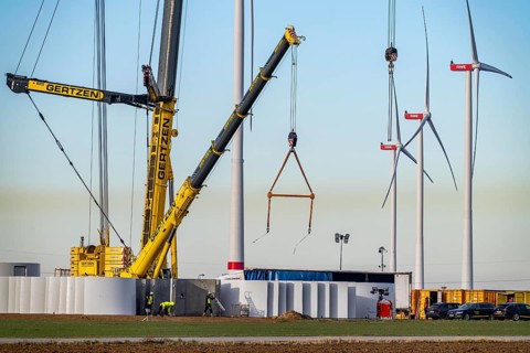 Construction site of the new Bedburg 3 wind farm, on recultivated open-cast mining site, 9 wind