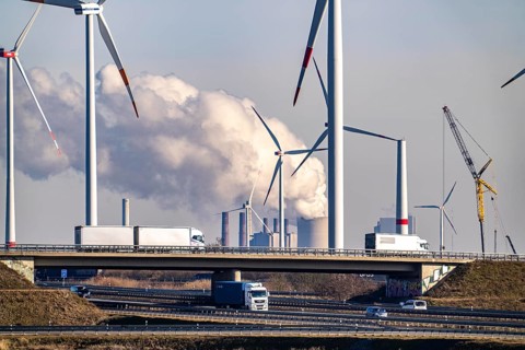 RWE Power brown coal power plant Neurath, RWE wind farm, Jackerath motorway junction, A44 and A61,