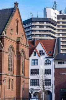 The city center of Herne, Europaplatz, evangelische Kreuzkirche, high-rise residential building,