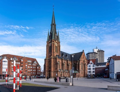 The city center of Herne, Europaplatz, evangelische Kreuzkirche, high-rise residential building,