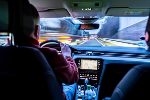 Driving on the A40 motorway, motorway access, Ruhrschnellweg, in heavy traffic, driver's