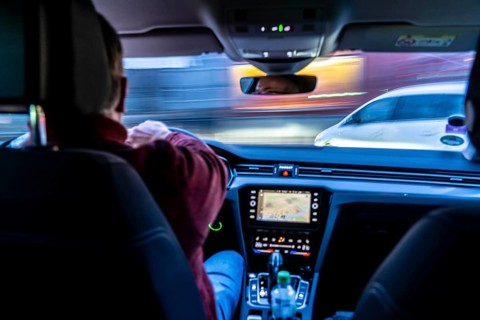 Driving in the city center, in heavy traffic, driver's perspective, Essen, North Rhine-Westphalia,