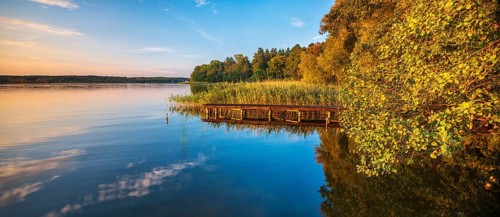 Evening at the lake in autumn, Steg in the Reeds, Großer Lychensee, Lychen, Uckermark, Brandenburg,