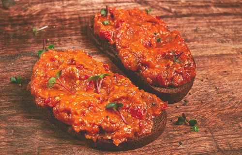 Sandwiches, rye bread with eggplant caviar, breakfast, top view, no people