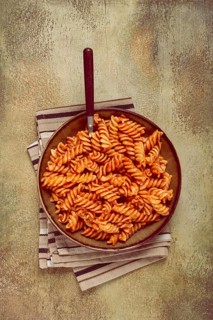 Fusilli pasta dish, made with tomato sauce, homemade, no people