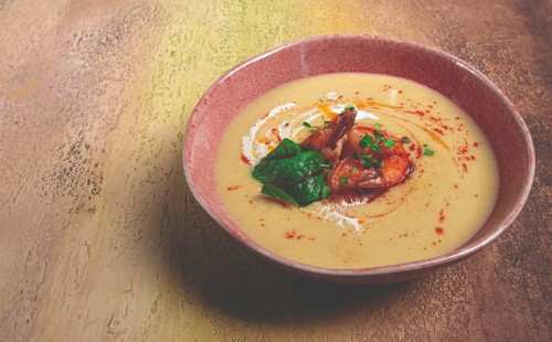 Pumpkin cream soup with shrimp, herbs and spices, homemade, no people