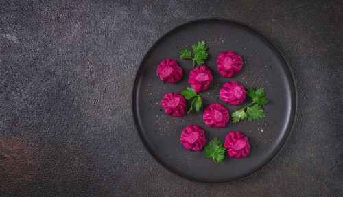 Beetroot khinkali, mini khinkali, purple, Georgian cuisine, no people