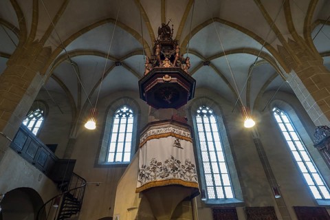 Pulpit in the late Gothic fortified church, St. Margaret's Church, 1414, Medias, Transylvania,