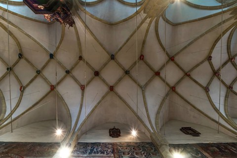 Ribbed net vault of the late Gothic fortified church, St. Margaret's Church, 1414, Medias,