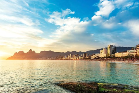 Buildings facing the sea on Ipanema beach in Rio de Janeiro during sunset, Ipanema beach, Rio de