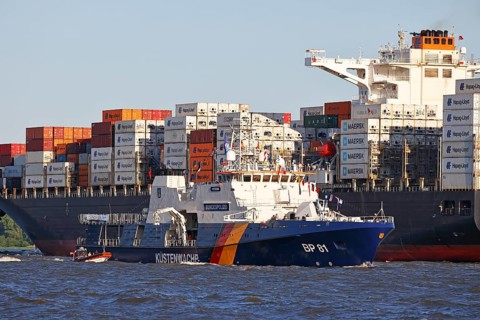 Decorated ship of the German Coast Guard and Federal Police BP 81 Potsdam leaves the Port of