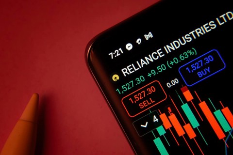 Dhaka, Bangladesh- 08 Sep 2025: Close-up of a phone screen showing Reliance Industries stock market