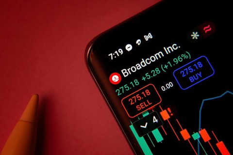 Dhaka, Bangladesh- 08 Sep 2025: Close-up of a phone screen showing Broadcom Inc stock market data