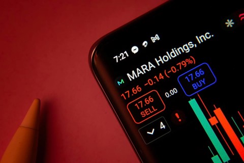 Dhaka, Bangladesh- 08 Sep 2025: Close-up of a phone screen showing MARA Holdings Inc stock market