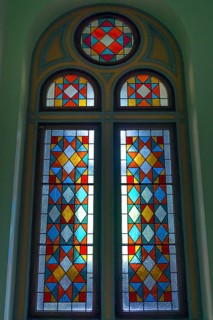 Colored stained glass windows in the National Yuri Fedkovych University, founded 1875, Czernowicz,