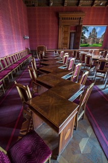 Work tables in the lecture hall of the National Yuri Fedkovych University, founded in 1875,