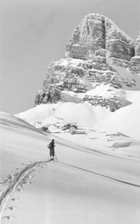 Ski hike in winter in front of the Nuvolao Alto (2648 m) snow, Alps, mountaineer, skier, around