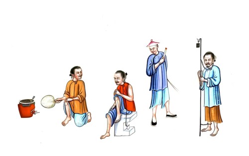 Jurisprudence, torture and punishment in medieval China, a convict is bound to a stone, authentic,