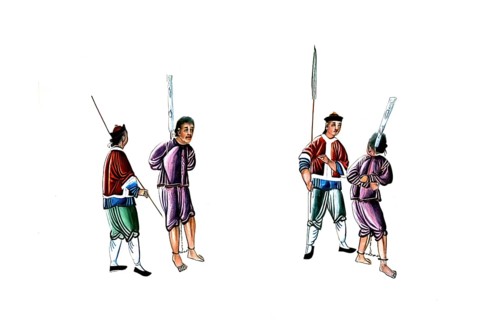 Jurisprudence, torture and punishment in medieval China, two convicts, chained by hands and feet,