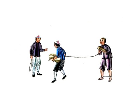 Jurisprudence, torture and punishment in medieval China, two guards lead an offender in chains,