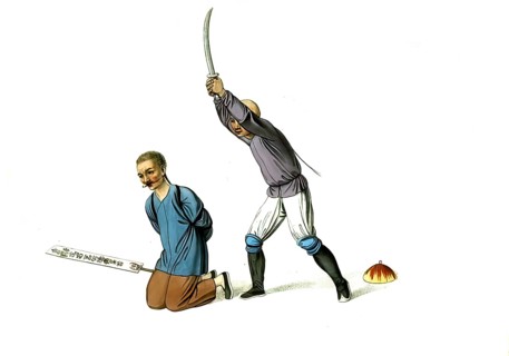 Jurisprudence, torture and punishment in medieval China, beheading of a criminal with a sword,