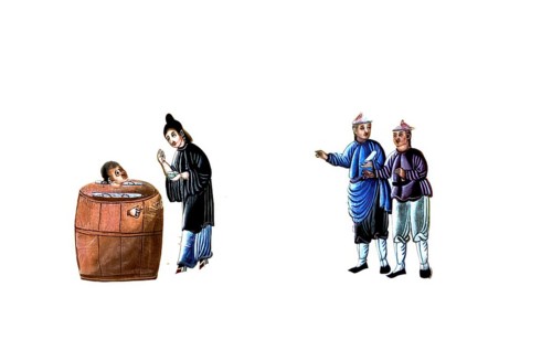 Jurisprudence, torture and punishment in medieval China, man is trapped and imprisoned in a large