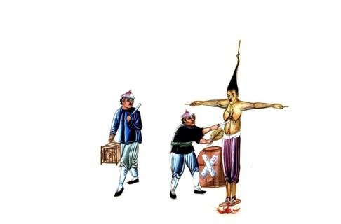 Jurisprudence, torture and punishment in medieval China, a convict is bound to a wooden cruciform