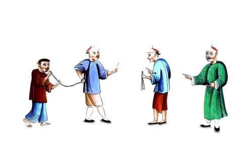 Jurisprudence, torture and punishment in medieval China, group of four people. An official or guard