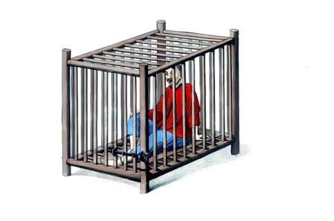 Jurisdiction, torture and punishment in medieval China, criminals in a cage. This person is also